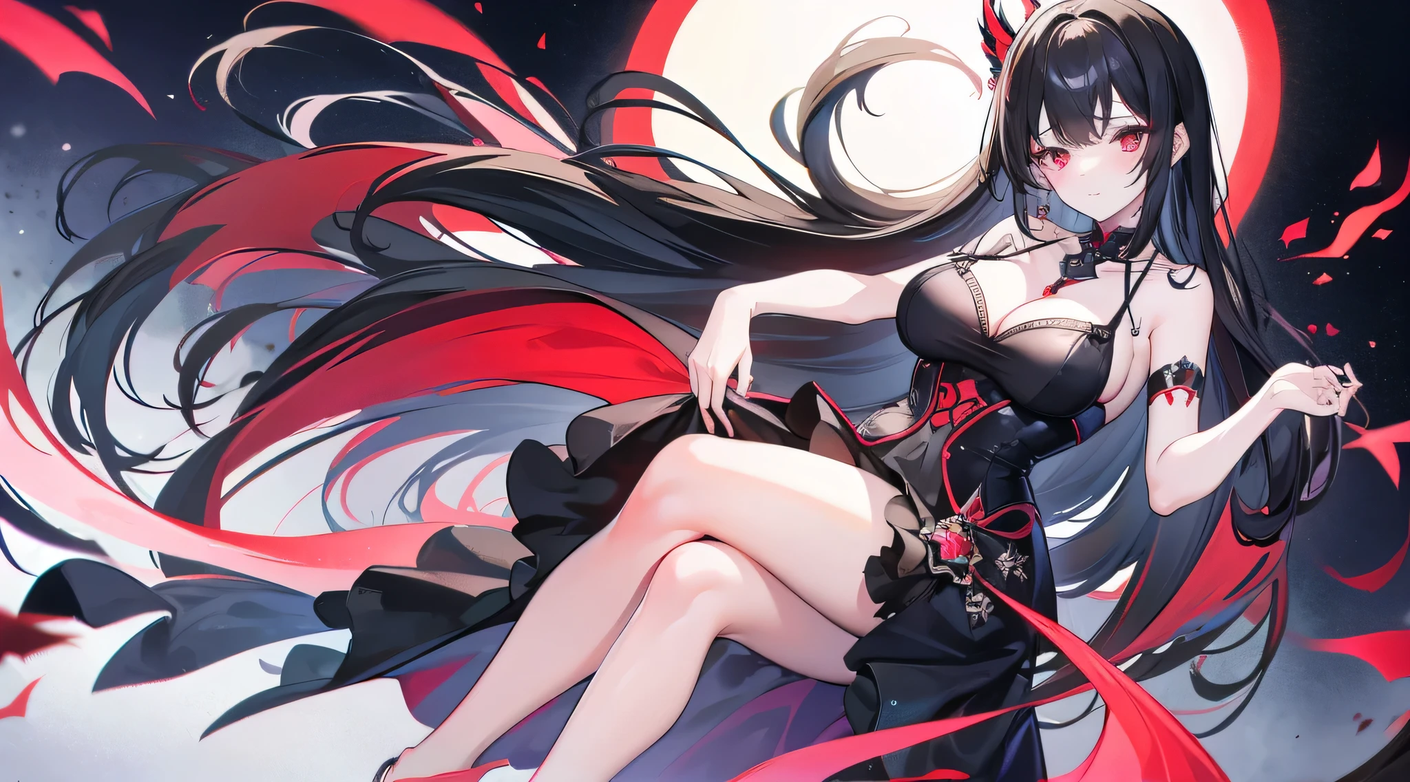 (Exquisite eyes),(Clear and beautiful eyes:1.61),masterpiece, 1 young girl,(Black clothes and some red gems), Black long hair, (She has a huge red gem on her chest), Good Hand,((The Havoc of StarCraft)),full-body shot,Fighting Stance,(Red Eyes:1.466),short and small,(Very big breasts:1.35),(Pretty Face),(full-body shot:1.33),Beautiful hands