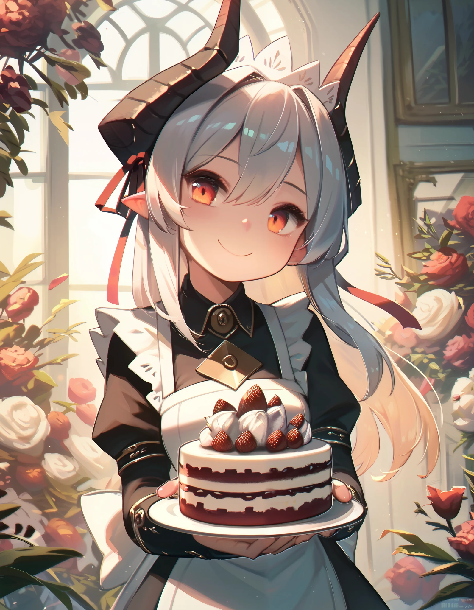 score_9, score_8_up, score_7_up,score_6_up,    a maid girl dragon holding a cake, smile, head tilt, horns, smile