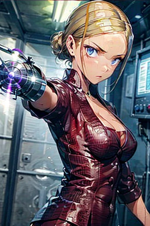  1 girl ,  high definition , Blonde,  Chignon flowing sideways ,  Big Breasts , Three white eyes,  Yandere, 
terminator、 Christana Loken
battleground、 machine arm 、Liquid Metal 、Shoot and Warp 
stomp on the sole 、 points your index finger against the backgroundシンプルな背景,  scornful eyes, 