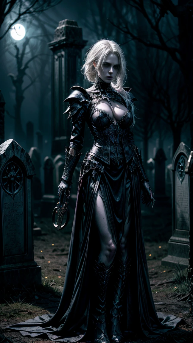 An undead sexy and hot girl emerges from the ground of a gothic cemetery tombstone, in the background other tombstones with sinister and demonic figures