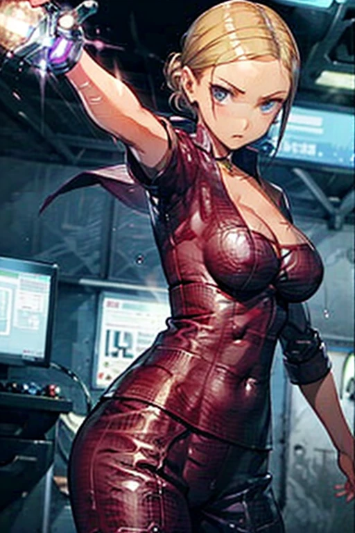  1 girl ,  high definition , Blonde,  Chignon flowing sideways ,  Big Breasts , Three white eyes,  Yandere, 
terminator、 Christana Loken
battleground、 machine arm 、Liquid Metal 、Shoot and Warp 
stomp on the sole 、 points your index finger against the backgroundシンプルな背景,  scornful eyes, 