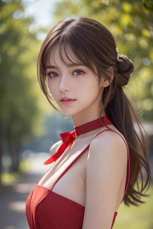 (Best quality, 8k, Masterpiece :1.3), (realistic, photorealistic: 1.37), 1girl, Pretty woman in her 20s, emphasizing slender abs :1.3, Japanese, red micro bikini, protruding areola, (long hair in a ponytail, huge breasts :1.3), outdoors, Ultra-detailed face, Detailed eyes, Double eyelids, eyeshadow intensifying, many eyelashes, bright red lip, random pose, whole body, thongs, professional lighting, photon mapping, radiosity, looking directly at viewer