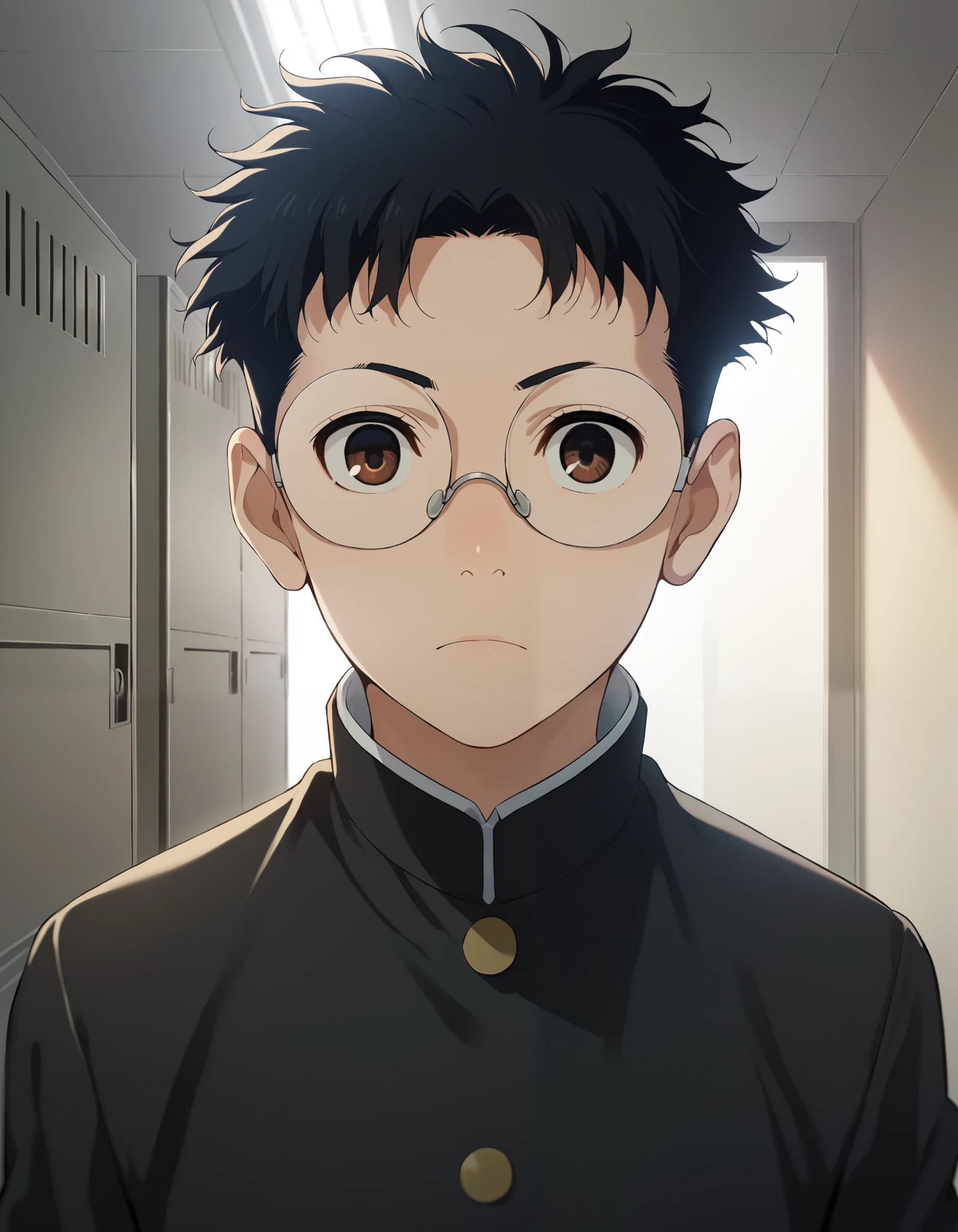 score_9, score_8_up, score_7_up, source_anime, BREAK, 1boy, solo, looking at viewer, gradient background, upper body, Ken Takakura, short messy black hair, brown eyes, round eyewear, school uniform (gakuran), expression serious yet thoughtful, standing in a school hallway, lockers and classroom doors visible in the background, soft sunlight filtering through windows, creating a calm yet intense atmosphere, highly detailed, anime-style with subtle shading and vibrant colors, cinematic lighting, realistic textures, 8k resolution