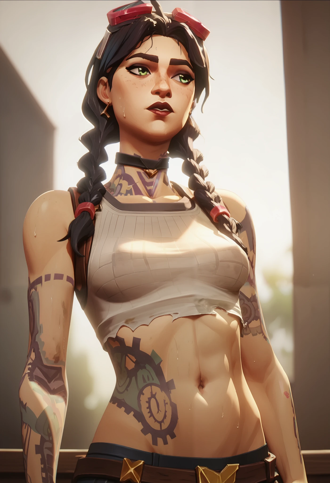 character design, One girl, Jules (fortnite), green eyes, black hair, freckles, detailed face, beautiful face, looking aside, ripped clothes, medium breasts, dirty, sweating, undressing shirt, panties, tattooed body