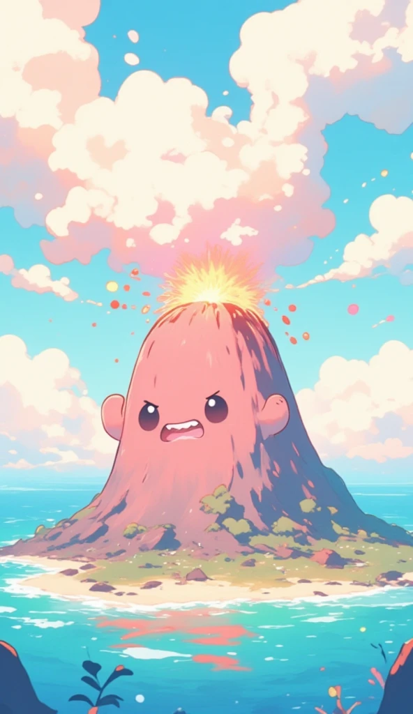 A cute illustration of a volcano with a cute expression and tiny arms on the side. The volcano is erupting. As it erupts, the volcano squints and blushes red as it erupts, while holding its tiny fists at the side. The volcano is situated on an island surrounded by the beautiful sea. The illustration is pastel-colored, giving it a cute and playful expression. The overall color palette is bright and cheerful, with soft pinks, blues, and yellows, creating a fun, lighthearted atmosphere. The entire scene feels charming and magical, as if the volcano is part of a whimsical, fantasy world.
