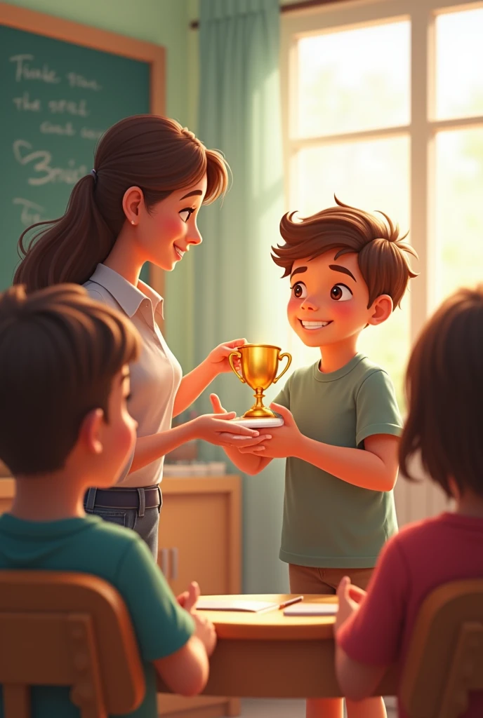 A school stage with a large trophy presentation ceremony. The focus is on a young boy standing proudly with a wide smile as a teacher hands him a shiny winner's trophy. The teacher is smiling and presenting the trophy with an encouraging gesture. In the background, other students are clapping and cheering, creating a celebratory atmosphere. The stage can be decorated with a school banner or simple decorations to highlight the achievement and the importance of the moment.
