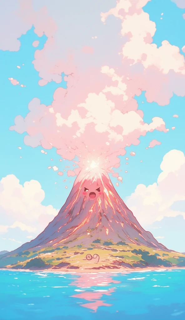 A cute illustration of a volcano with a cute expression and tiny arms on the side. The volcano is erupting. As it erupts, the volcano makes an angry face as if trying to push out baby, while holding its tiny fists at the side. The volcano is situated on an island surrounded by the beautiful sea. The illustration is pastel-colored, giving it a cute and playful expression. The overall color palette is bright and cheerful, with soft pinks, blues, and yellows, creating a fun, lighthearted atmosphere. The entire scene feels charming and magical, as if the volcano is part of a whimsical, fantasy world.
