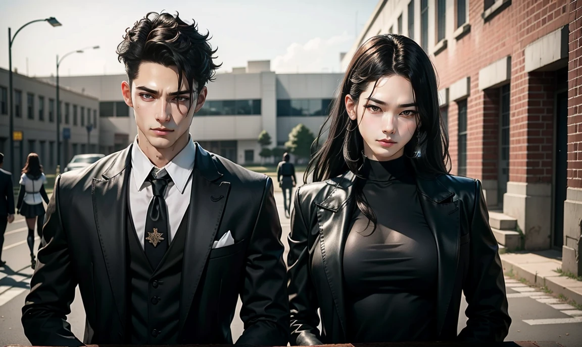 realistic. two people. dark tough mood. gorgeous adult male and female students. tough delinquents. school in background.