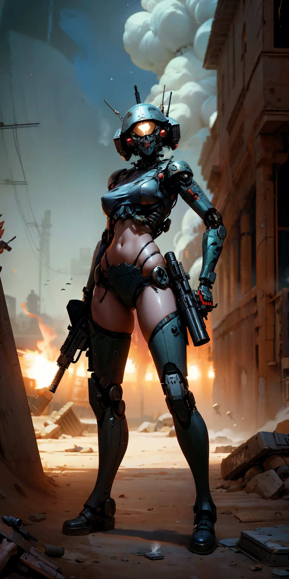 A realistic cinematic shallow focus scene of a cute young biomechanical cyborg kitten female, her full body standing with a fluid movement in a simple barren place with stunning cloudscape and a sunset.

(Wearing a futuristic (tangerine:0.3) cropped jacket and low cut jeans on top:1) of her (intricately detailed anatomical sculpted biomechanical graphite cyborg arms, intricately detailed anatomical sculpted biomechanical graphite cyborg torso, intricately detailed anatomical sculpted biomechanical graphite cyborg legs), (intricately detailed anatomical sculpted biomechanical graphite cyborg kitten ears).

(Anatomical sculpted biomechanical graphite cyborg with elegant and ornate details embroidered with (ruby gems:1.5), cables, wires and crimson microchips masterful crafted into her female cyborg body)

Slender hot fit body with a gorgeous young round face, expressive big round eyes, lovely full lips, cute small round nose, ([dark:red:0.55] short medium bob cut messy hair:1.7), (kitten ears), (empty hands).

Captured with bright natural light and beautiful vibrant colors. 8k resolution image with a masterful cyberpunk style.

The scene has a strong heroic unconquerable mood, a masterful complete scene of the female full body standing with a happy expression.