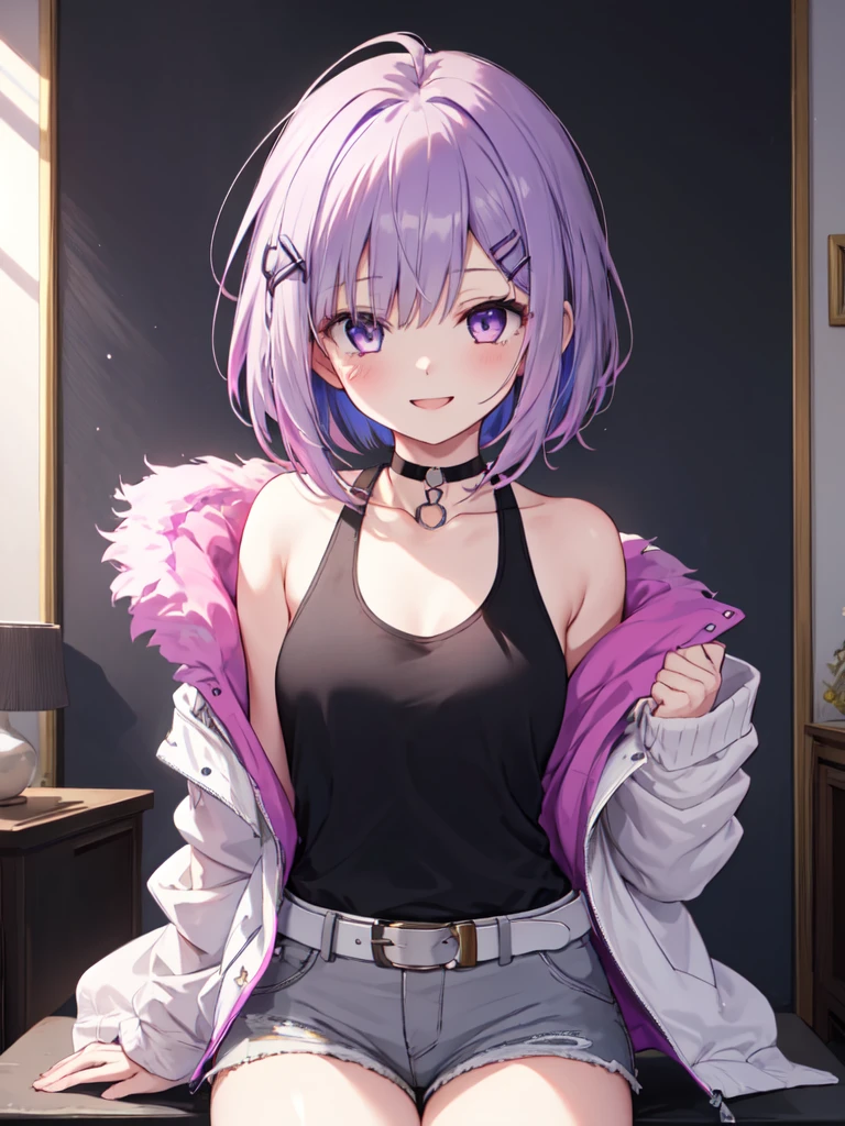  1 girl , solo, Purple Hair,  bob hair, Beautiful breasts, medium chest , white tank top,Grey shorts, black choker ,Black belt,Pink jacket, hair clip,Slanted Eyes, Light purple eyes, smiles,happiness/joy,  Seductive Smile , teardrop , high definition ,  simple background,  Living Room , top quality,  anatomically correct, masterpiece,