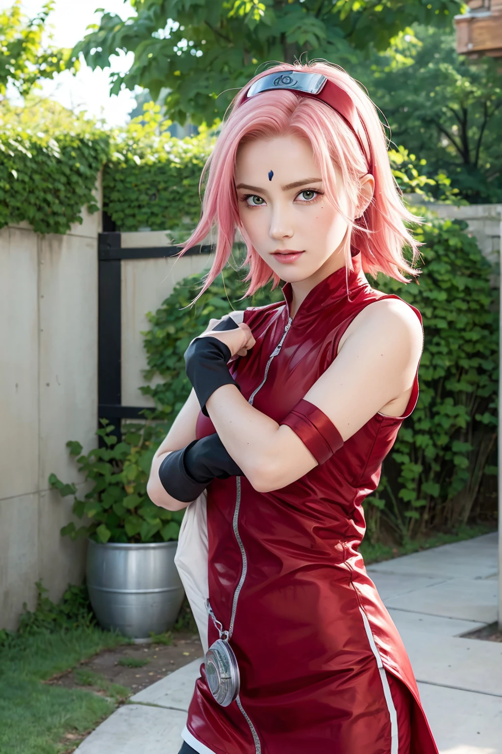 1 girl , (8k, RAW photos , top quality, Masterpiece :1.2), ( super high resolution:1.0), Details illustrinion, upperbody, ( Real People ,fashion unvolume photos y portrait, unvolume photos ), Details, Details beautiful skin, ( realistic , photo- realistic :1.37), Sakura NS, Alone, Professional Lighting , watching _in_ viewer, smile, Flowers on the forehead,red_ headband, pink hair, green eyes,Background of the Hidden Leaf Village,Kunai, Facial Mark, Konoha Hidden Village Symbol,fight_stance, fence,Ninja,adjusting gloves, sleeveless, clevis