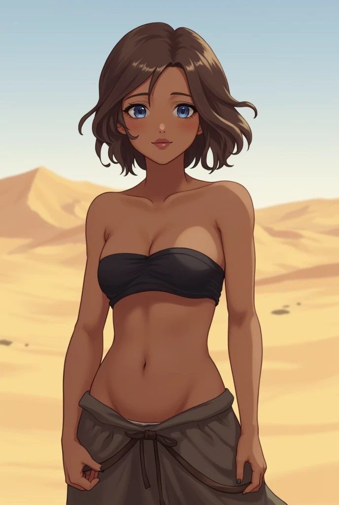 NSFW. (((masterpiece))), high resolution, high detailed, 8k, nude, gorgeous muscular ("marion ravenwood") ("sarah hyland"), very short pixie style hair, dark wet shiny skin, (small breasts:1.4), flatchest, very voluptuous huge hips, toned muscular legs, bottomless, hot sand desert, wasteland