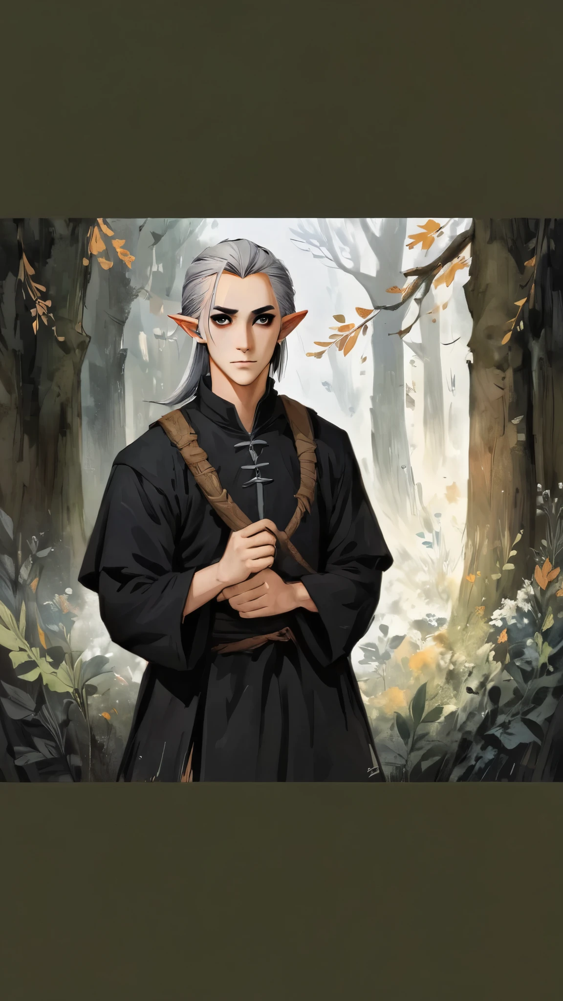 2D ART, hyper detailed gouache painting, illustration, gougoupaintleaves style, portrait of a man, 1boy, solo, black hair, side_cut_hairstyle, male_drow:1.5, dark elf, black eyes, black sclera, detailed face, handsome features, dark medieval tunic, pointy ears, standing in a dark forest, side pov, side view, perfil, looking away, on simple white background, full body shot, very detailed,