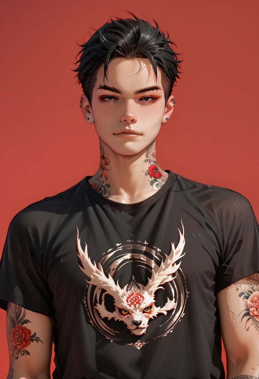 a handsome man is posing standing, dashing pose, wearing traditional japanese tattoos on his hands, wearing a traditional Japanese tattoo on the neck, wear a black t-shirt, look at viewers, red background, detail face, detail eyes, black eyes