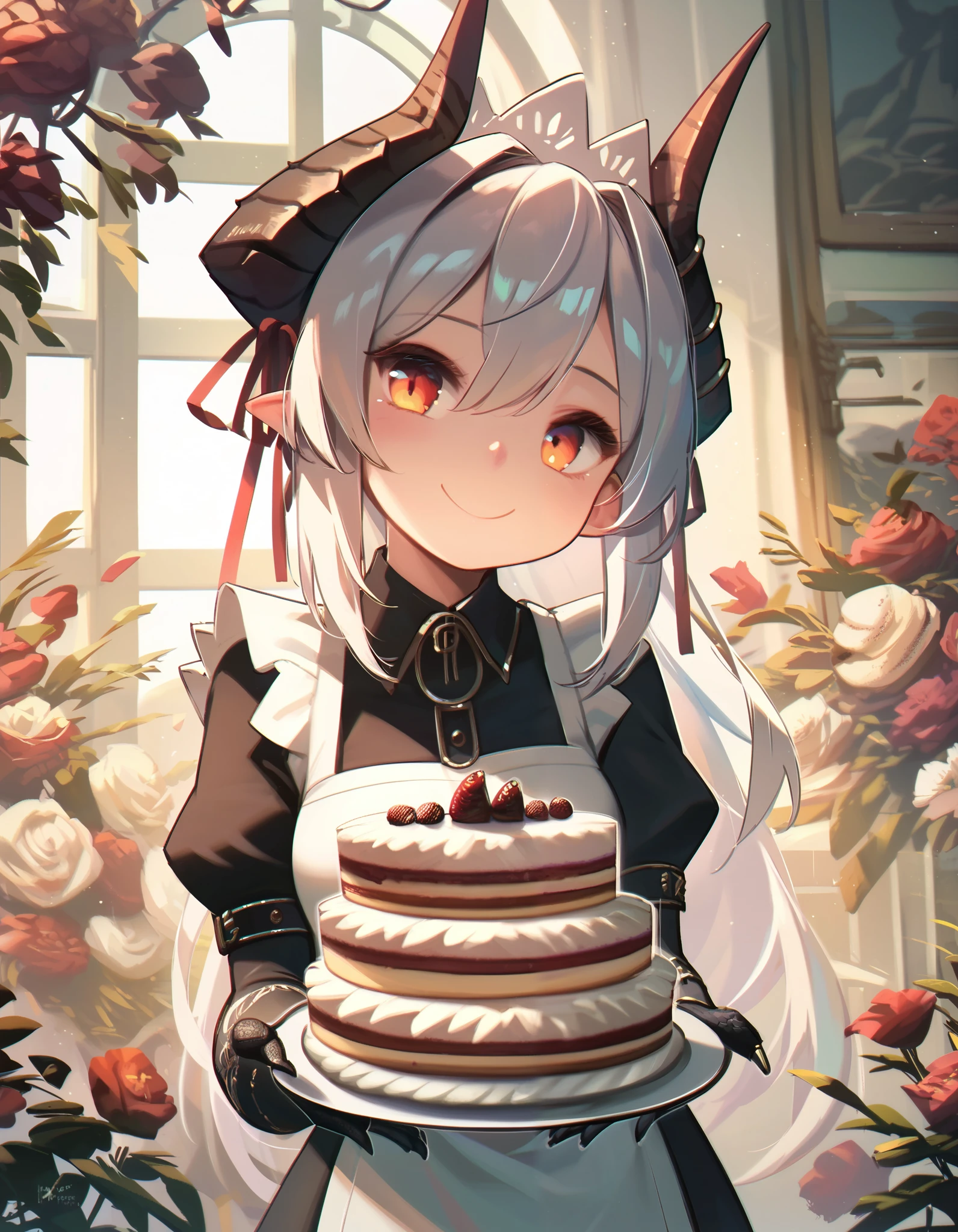 score_9, score_8_up, score_7_up,score_6_up,    a maid girl dragon holding a cake, smile, head tilt, horns, smile