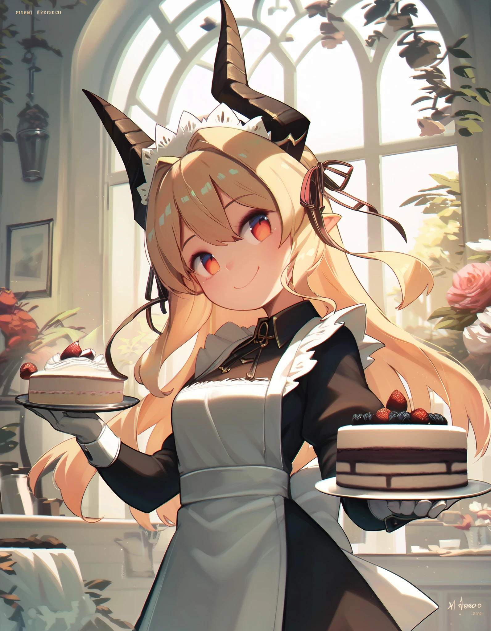 score_9, score_8_up, score_7_up,score_6_up,    a maid girl dragon holding a cake, smile, head tilt, horns, smile