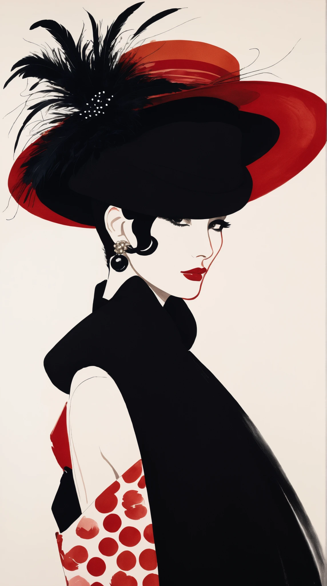 Create a breathtaking and fascinating Japanese line painting featuring a woman in a voluminous black skirt adorned with feathers and ruffles. She wears a large-brimmed hat, black gloves, and heels. The background blends rich red and black hues, enhanced by dynamic brush strokes and playful polka dots. The illustration should evoke the elegant style of René Gruau, reminiscent of Vogue fashion illustrations.