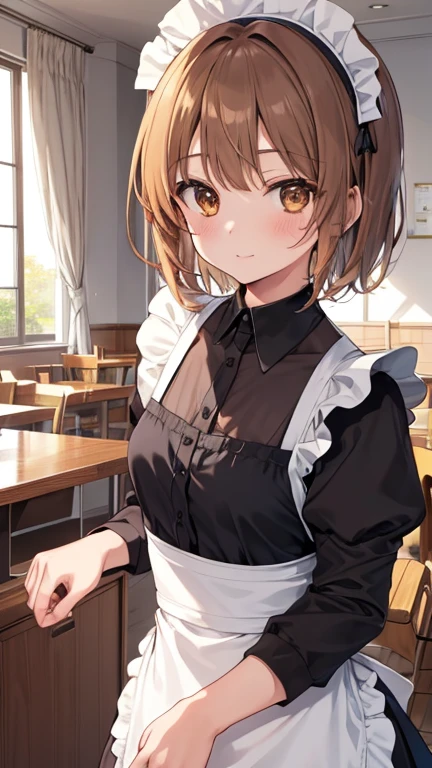  1 girl, Alone, Girl and Tank, nishizumi miho,   Brown Eyes ,  brown hair,  short hair to be shouldered, (  maid outfit :1.4), closed mouth , happy ,indoor, Cafe、とても大きなchest、Expose&#39;chest、Naked&#39;chest、chestを皿の上に置く