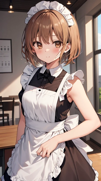  1 girl, Alone, Girl and Tank, nishizumi miho,   Brown Eyes ,  brown hair,  short hair to be shouldered, (  maid outfit :1.4), closed mouth , happy ,indoor, Cafe、とても大きなchest、Expose&#39;chest、Naked&#39;chest、chestを皿の上に置く