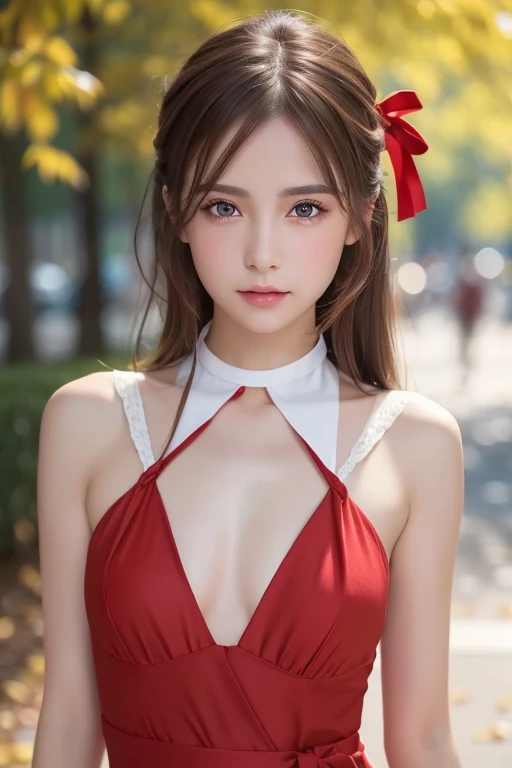 Life s,  brown hair,  white skin, Realistic, Long hair tied with a red ribbon, Light brown eyes,  Red Dress, 8K images, Realistic human skin,  image of a real  grabbing a collar,