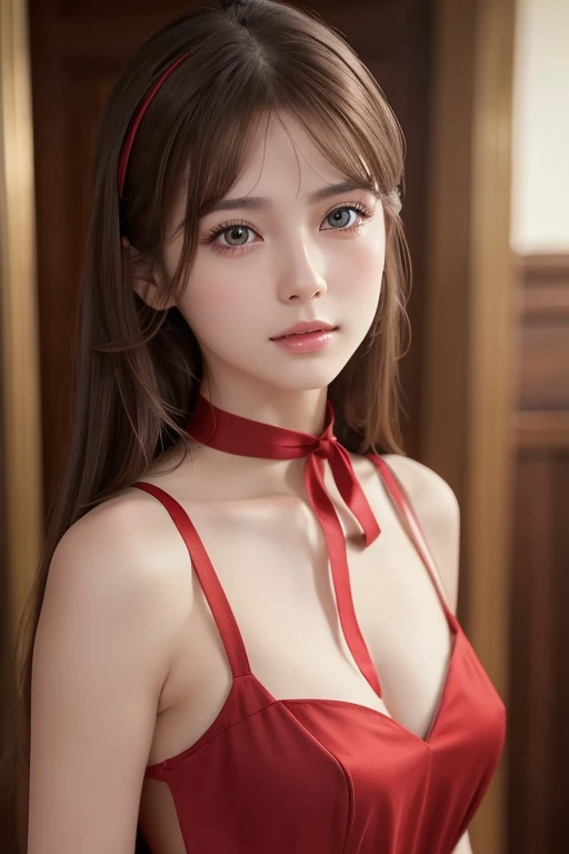 Life s,  brown hair,  white skin, Realistic, Long hair tied with a red ribbon, Light brown eyes,  Red Dress, 8K images, Realistic human skin,  image of a real  grabbing a collar,