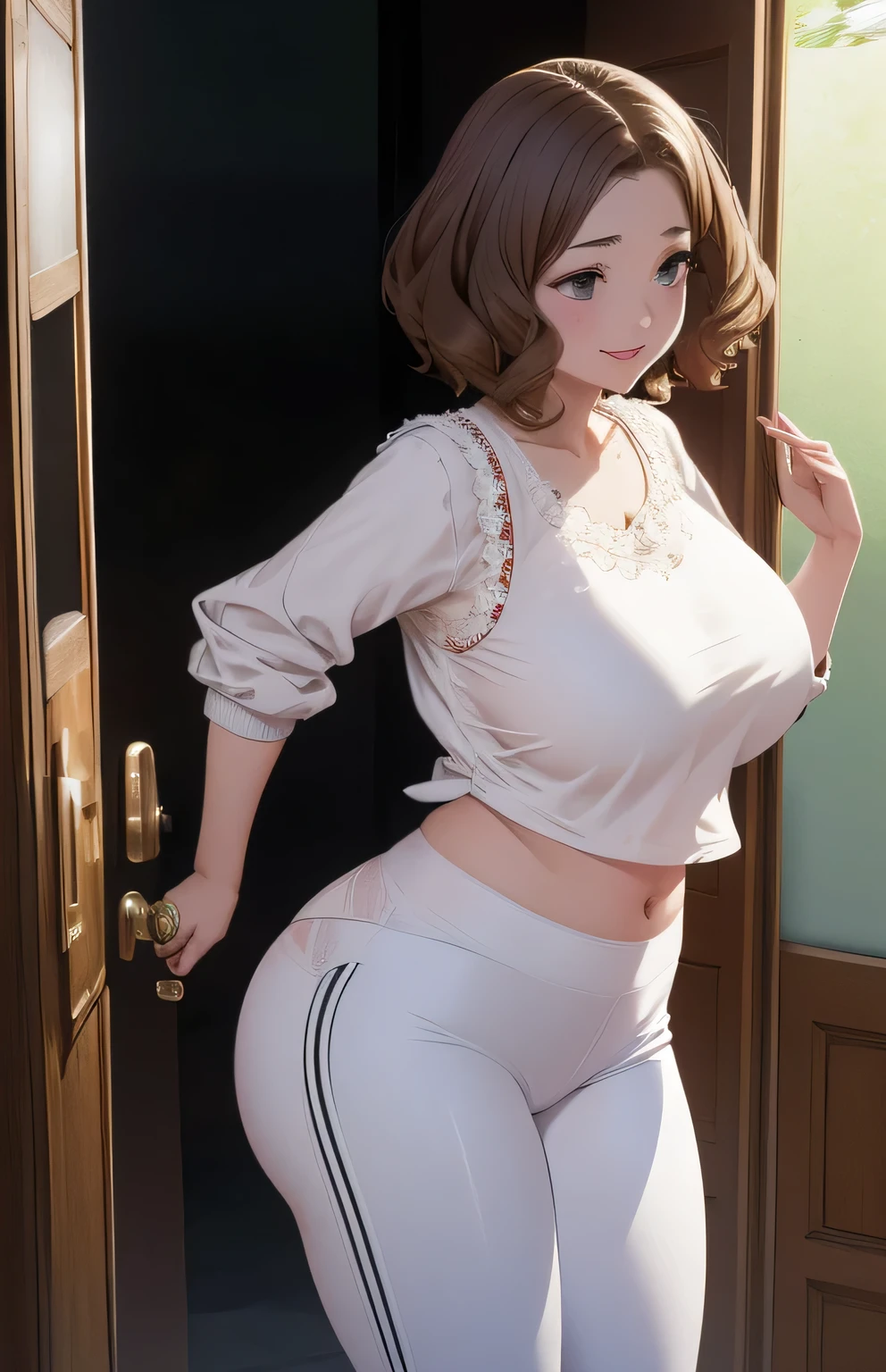 safe_Location, score_9, score_8_up, score_7_up, source Masterpiece , Very detailed facial features, Extremely detailed, dramatic, cinematic , expressive , ( Masterpiece ), ( top quality), ( Ultra Detailed), ( best illustrations), ( vest shadow), ( Absurd), detail eyes, 1 person, woman, steam, medium chest , nsfw:1.3, Catch Light, Half-open eyes:1.3, shy, watch viewers, , light smile , score_9, score_8_up, score_7_up,8k, high definition ,masterpiece, Accurate, anatomically accurate , number々Awards, 最 high image quality, high definition model , high image quality, high detail, very detailed ,(giganticbreasts1.8)(Curvy:1.1)(((On the way to undressing :1.4)))( Looking Back)( shy )(( have their cheeks dyed red:1.4))( angry )(lure:1.5)
V-neck,(2-lined jersey), clavicle , (white tight pants :1.5),big ass,door, doorway, indoors, (( lean forward )), opening door, open her mouth 、 nipple above your right chest、big spilling out、big , Plump 、 short hair to be shouldered、(( lean forward ))(The lace panties are slightly transparent:1.2)(((View from behind)))