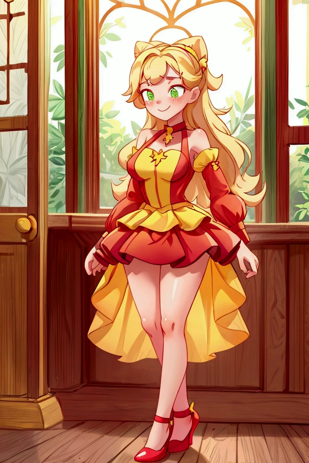 (Masterpiece, best quality) 1 girl, standing indoors with intricate details and sunlight, red and yellow frilled dress with short neckline, red heels, blonde long hair, green eyes, sexy smile, sexy pose, coquette, beautiful long legs, mature  girl, gorgeous body, pronounced breasts.