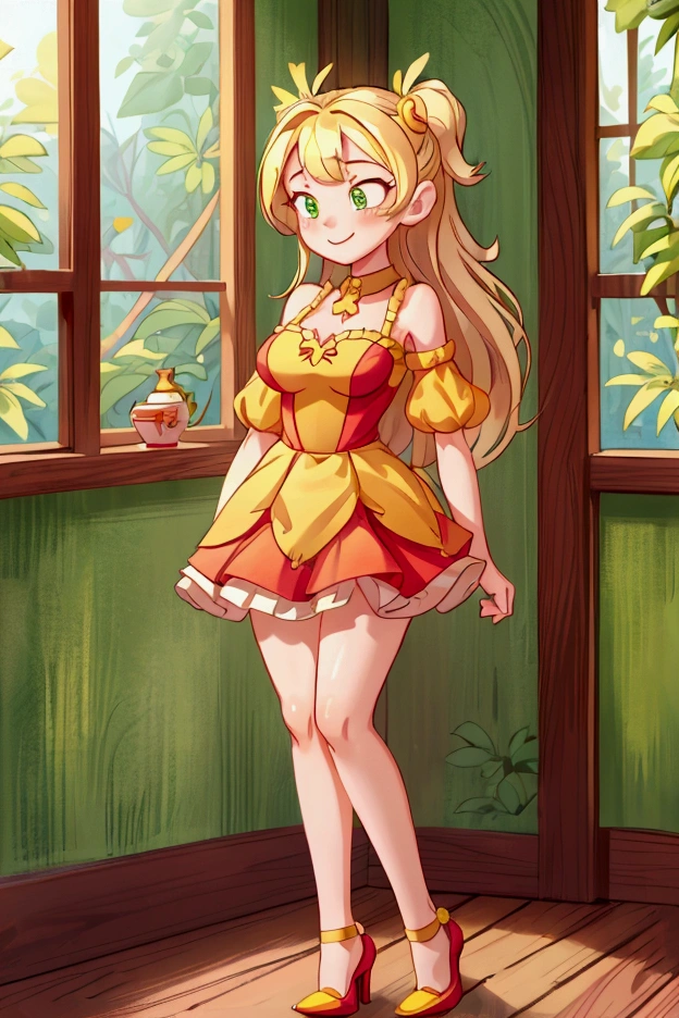 (Masterpiece, best quality) 1 girl, standing indoors with intricate details and sunlight, red and yellow frilled dress with short neckline, red heels, blonde long hair, green eyes, sexy smile, sexy pose, coquette, beautiful long legs, mature  girl, gorgeous body, pronounced breasts.