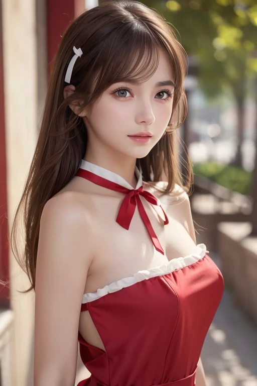 Life s,  brown hair,  white skin, Realistic, Long hair tied with a red ribbon, Light brown eyes,  Red Dress, 8K images, Realistic human skin,  image of a real  grabbing a collar,