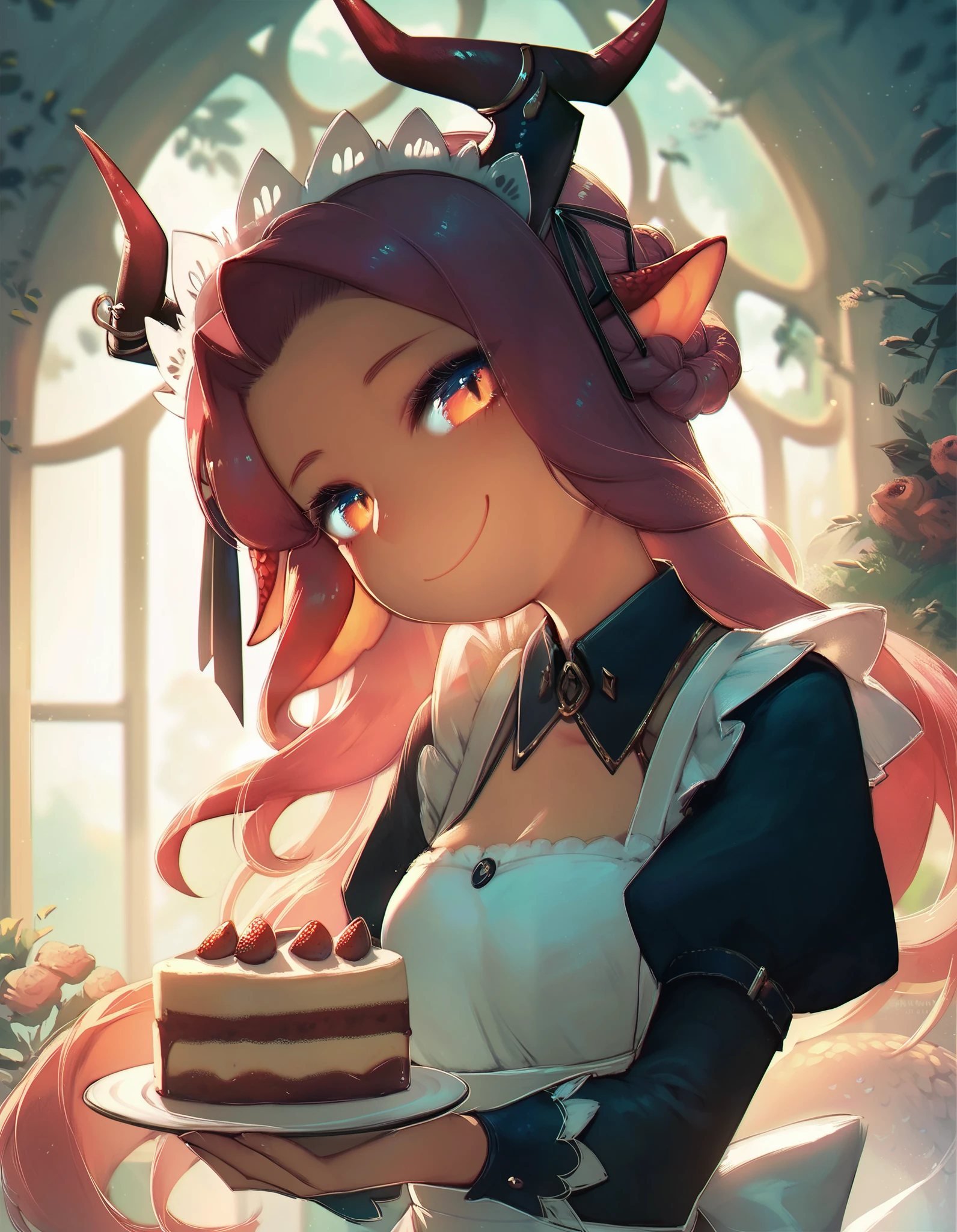 score_9, score_8_up, score_7_up,score_6_up, a maid girl dragon holding a cake, smile, head tilt, horns, smile