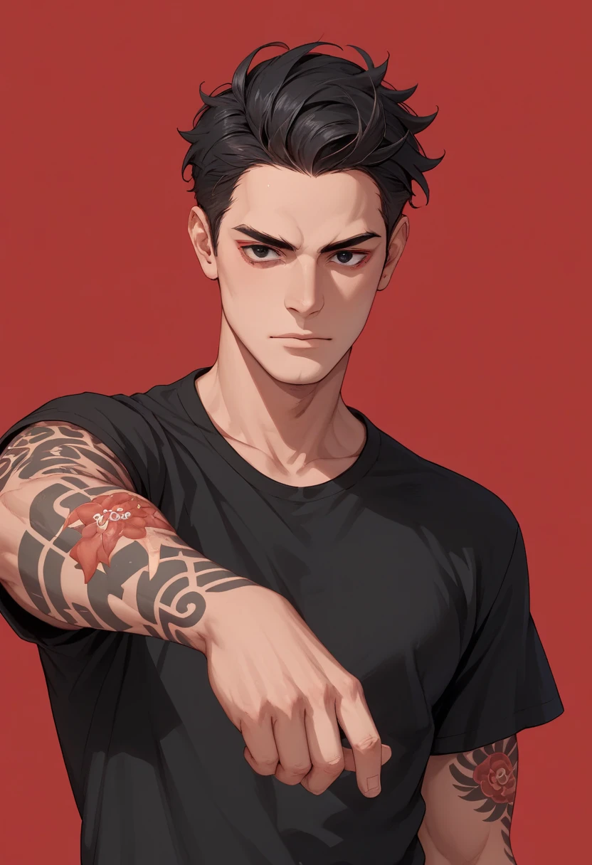 a handsome man is posing standing, dashing pose, wearing traditional japanese tattoos on his hands, wearing a traditional Japanese tattoo on the neck, wear a black t-shirt, look at viewers, red background, detail face, detail eyes, black eyes