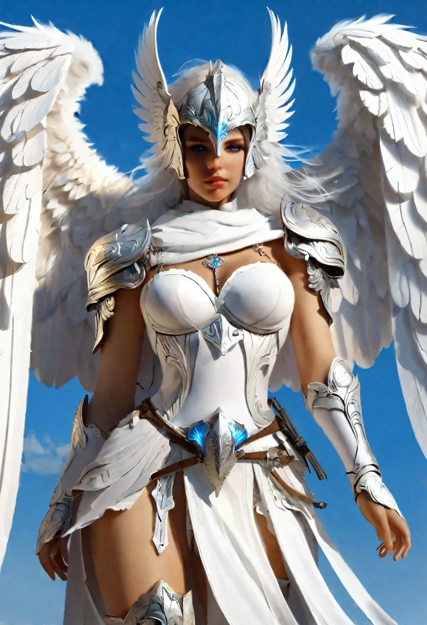 1 female angel，White cape showing at waist_wings armor feathers_Long wing feathers_Hair Shoulders Armor Shoulders_Single piece of armor_Upper wing separation_The body is white_Theme blue_wings wings leg armor