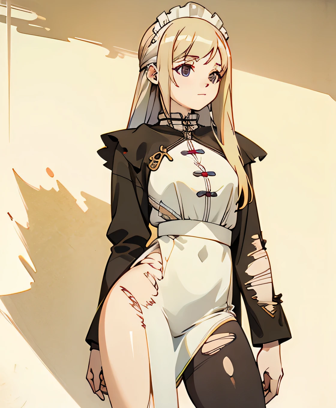 (Masterpiece, best quality, intricate details, 1sologirl) iron collar, arms behind back, iron cuffs, shackles, bound ((standing by wooden pole:1.2)) looking from above fullbody toe to head, happy closed mouth red cheeks ((Pirotes Dark elf skin))