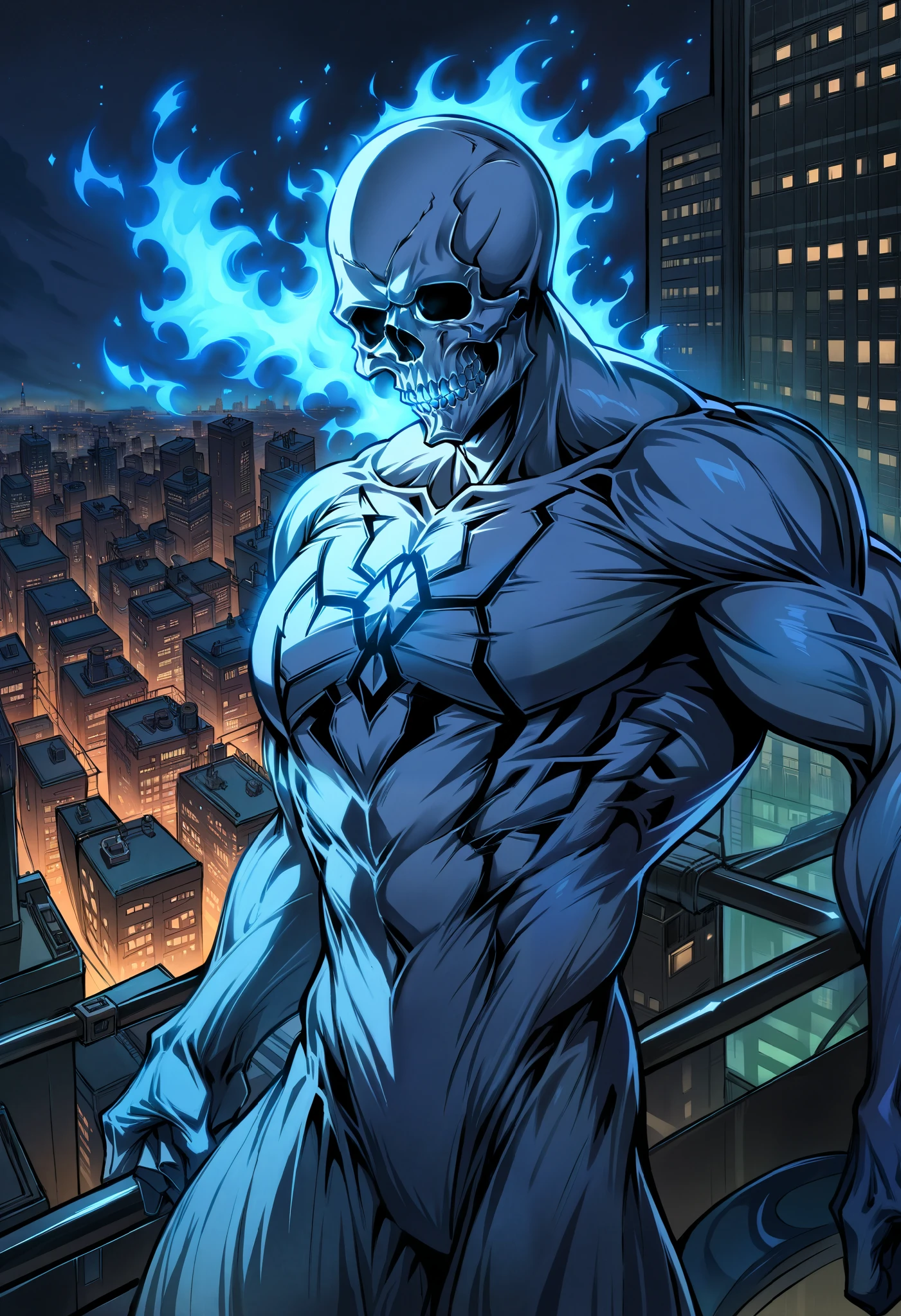 zPDXL3, score_9, score_8_up, score_7_up, (detailed face, detailed body, detailed background, perfect anatomy, masterpiece, high quality, best quality), rating_safe, outside, starry sky, night, rooftop, skyscraper, cityscape BREAK full-length portrait, three-quarter view, skull head, spiritsuit, blue fire head, muscular, big pecs, broad shoulders, thick thighs, action pose, hand, 5 fingers 