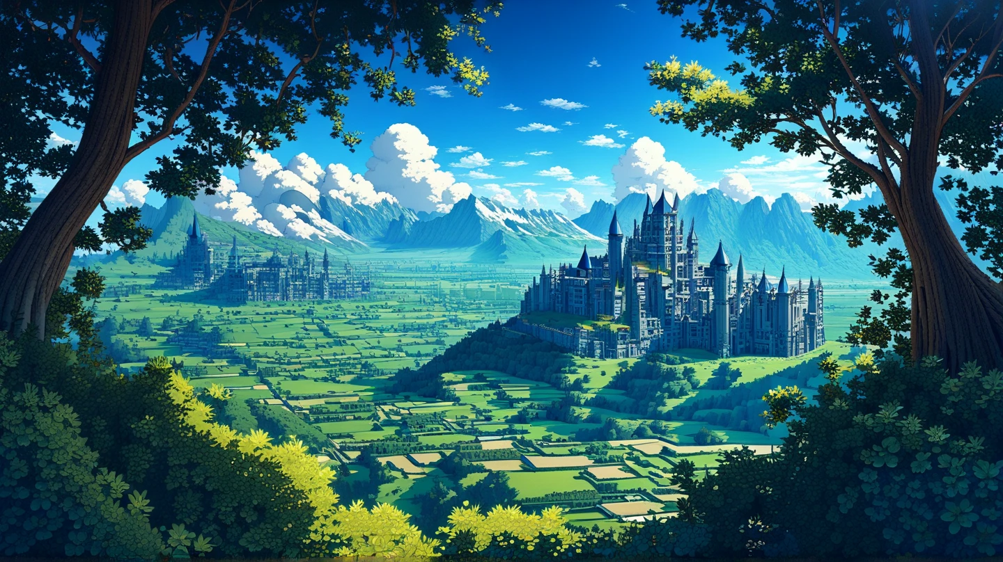 (masterpiece, ultra-detailed, top quality, clear focus, dramatic scenes, cinematic), (ultra-high resolution, 8K), perfect landscapes, perfect oblique distant views, perfect fantasy, (many celestial bodies floating in background:1.3), large castle town in center, fruit trees and forests on either side, flower fields, breathtaking blue sky.