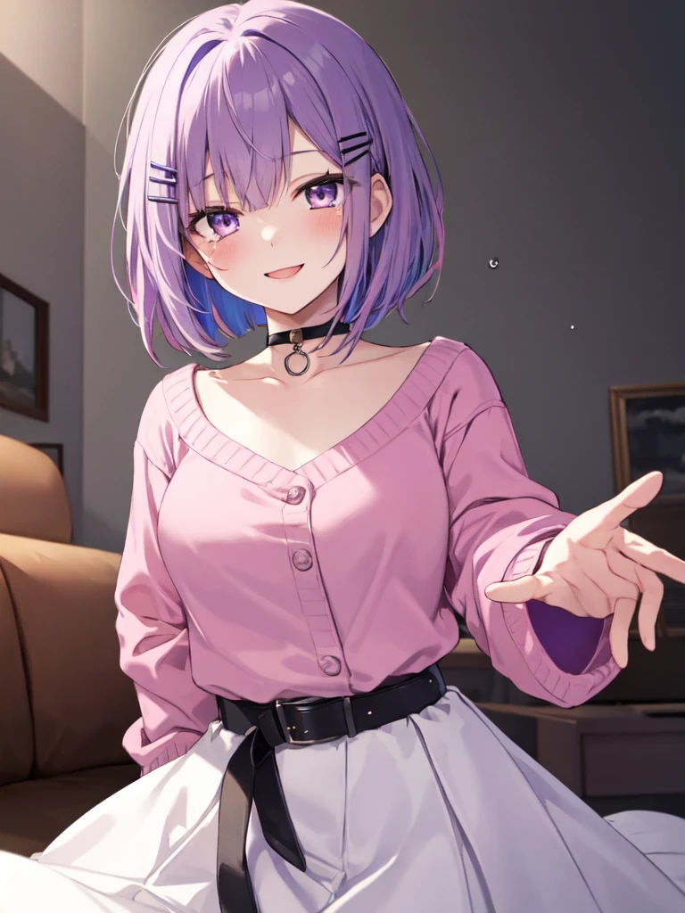  1 girl , solo, Purple Hair,  bob hair, Beautiful breasts, medium chest , pink sweater,White Skirt, Long Skirt, black choker ,Black belt,Pink jacket, hair clip,Slanted Eyes, Light purple eyes, smiles,happiness/joy,  Seductive Smile , teardrop , high definition ,  simple background,  Living Room , top quality,  anatomically correct, masterpiece,