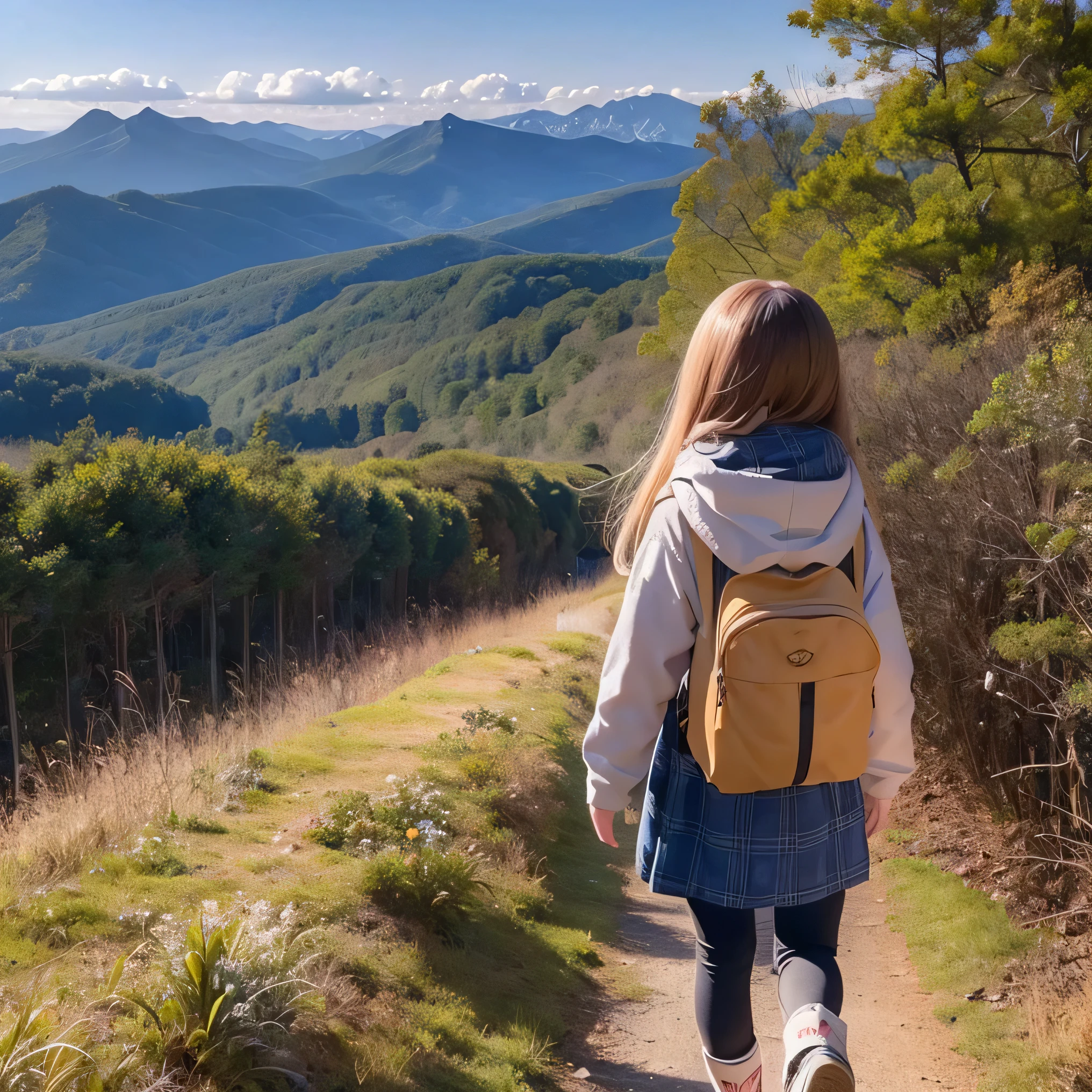 menina com mochila nas costas, menina sentada no pico da montanha, menina sentada na montanha rochosa olhando pelo binoculo, menina sentada de costas