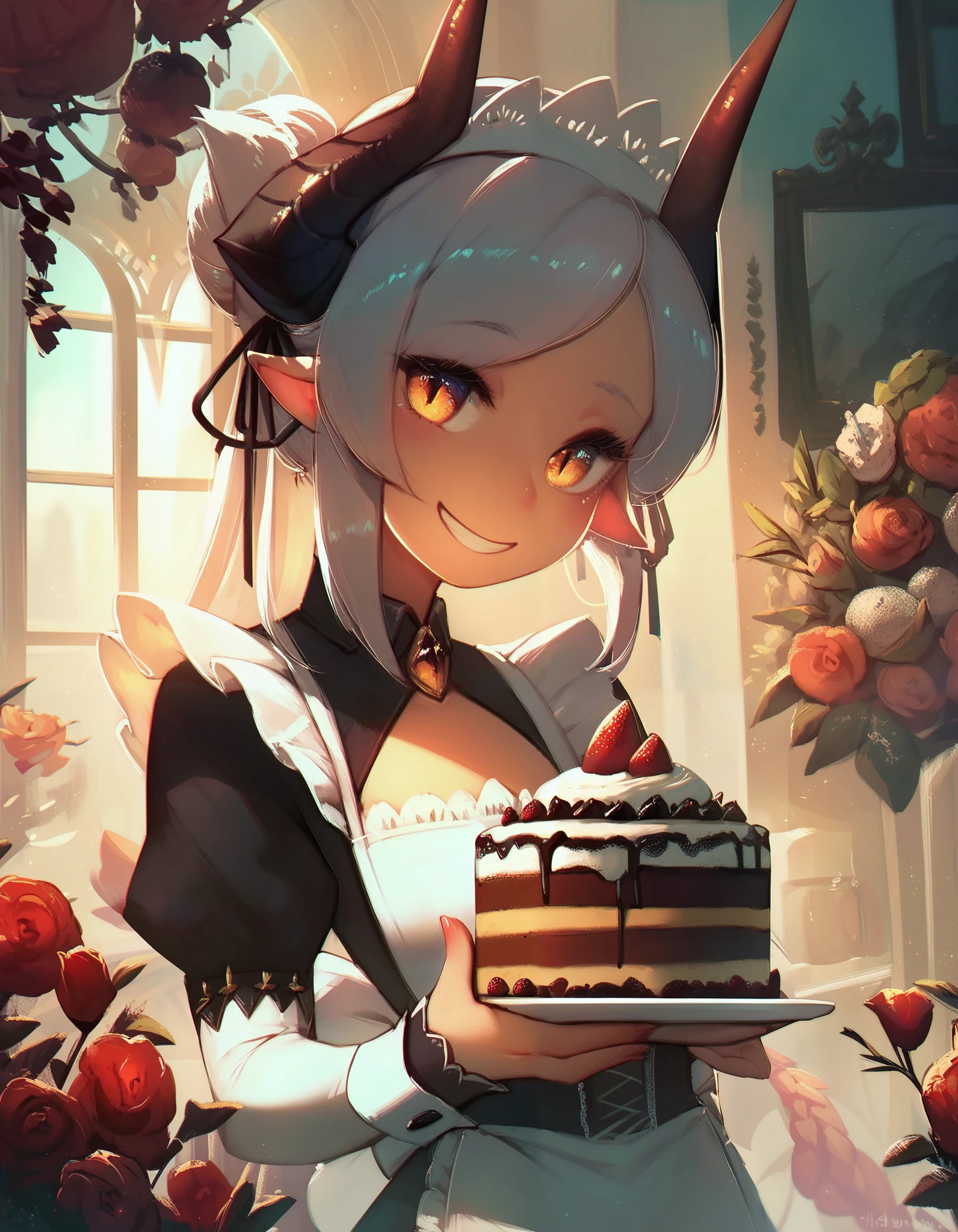 score_9, score_8_up, score_7_up,score_6_up, a maid girl dragon holding a cake, smile, head tilt, horns, smile