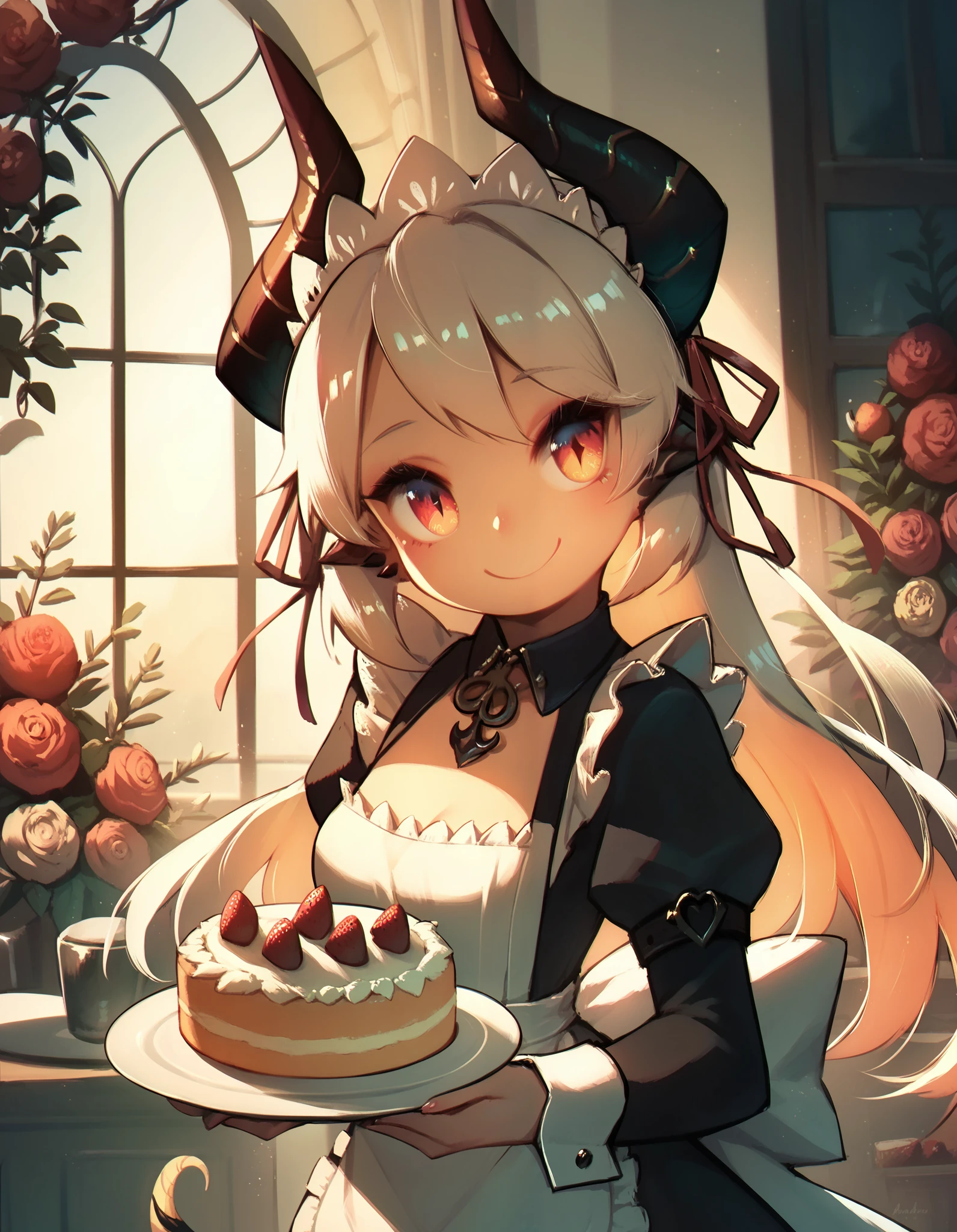 score_9, score_8_up, score_7_up,score_6_up, a maid girl dragon holding a cake, smile, head tilt, horns, smile