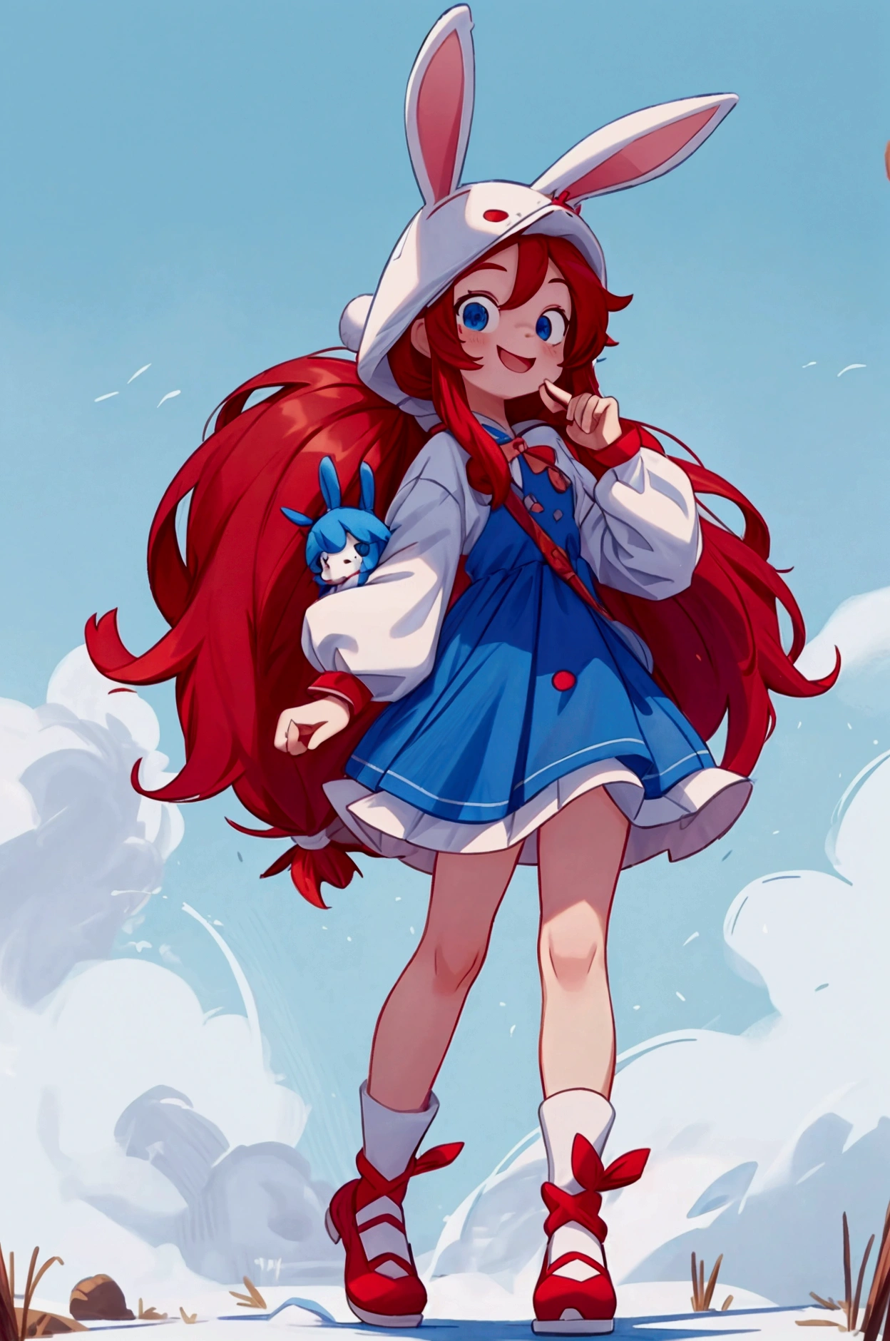 masterpiece, best quality, cinematic photo of smile, red long hair, two ponytails, blue eyes, bunny hat, , photograph, film, highres