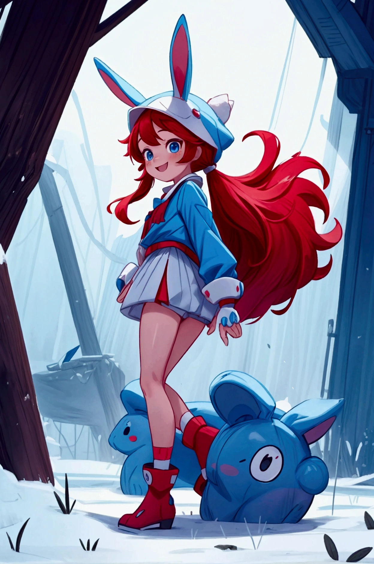 masterpiece, best quality, cinematic photo of smile, red long hair, two ponytails, blue eyes, bunny hat, , photograph, film, highres