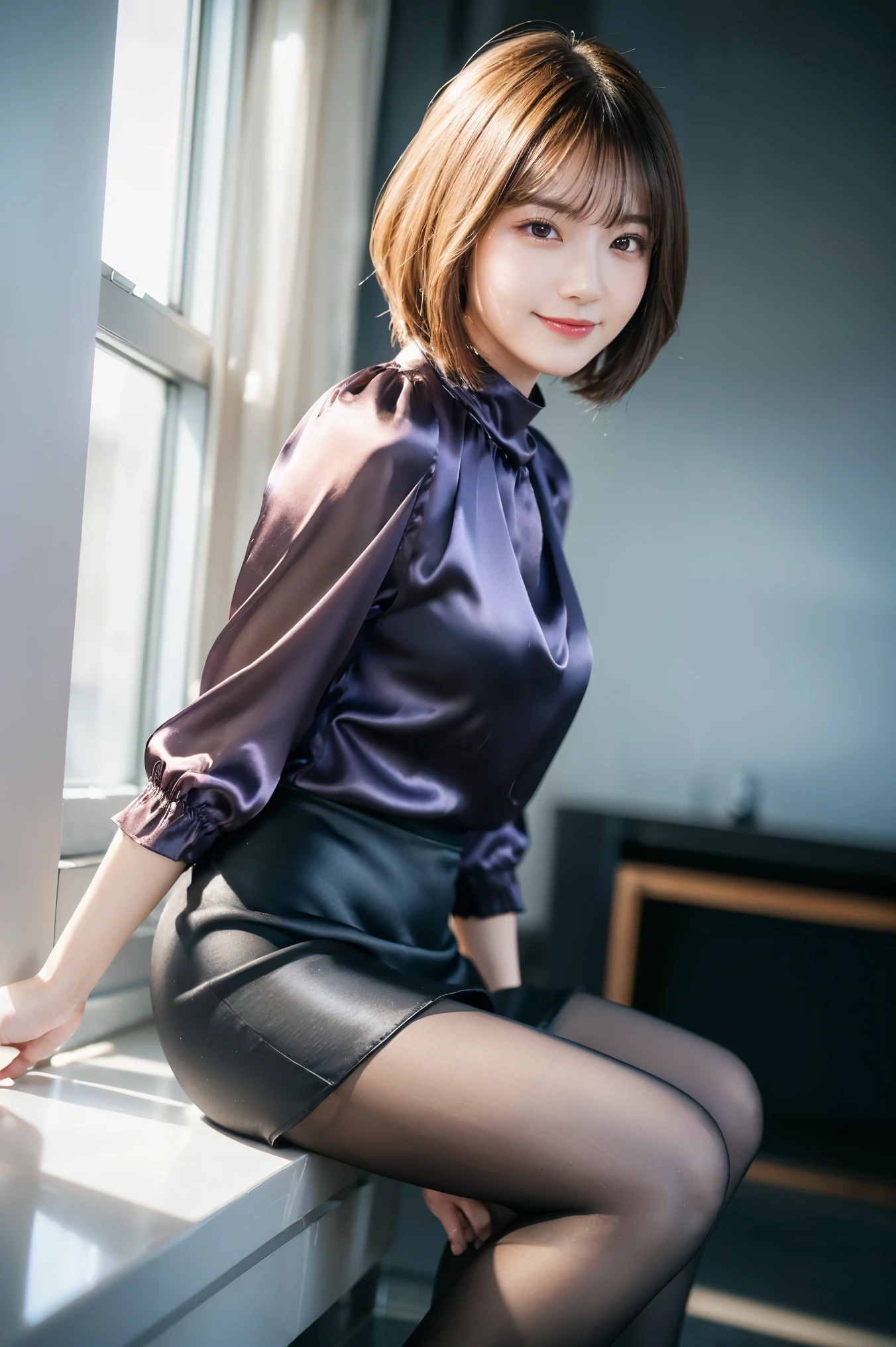 (8k, RAW Photos, highest quality, Tabletop:1.2), (Realistic, Photorealistic:1.4), (Highly detailed 8k wallpaper), Sharp focus, Depth of written boundary, Blur the background, Bokeh, Cinema Lighting, Soft Light, whole body, 1 girl,18 years old famous Japanese idol, Perfect female body, indoor, (Purple T-shirt and black leather micro mini skirt : 1.3), (Long, slender legs), (smile), Glossy lips, Beautiful fine details,Natural Makeup, Shiny and smooth light brown short bob hair, Asymmetrical bangs, Shiny skin, Center image, High resolution, Attention to detail, Detailed hairstyle, Detailed face, 素晴らしいCinema Lighting, Octane Rendering, Vibrant, Ultra-realistic, Perfect limbs, Perfect Anatomy