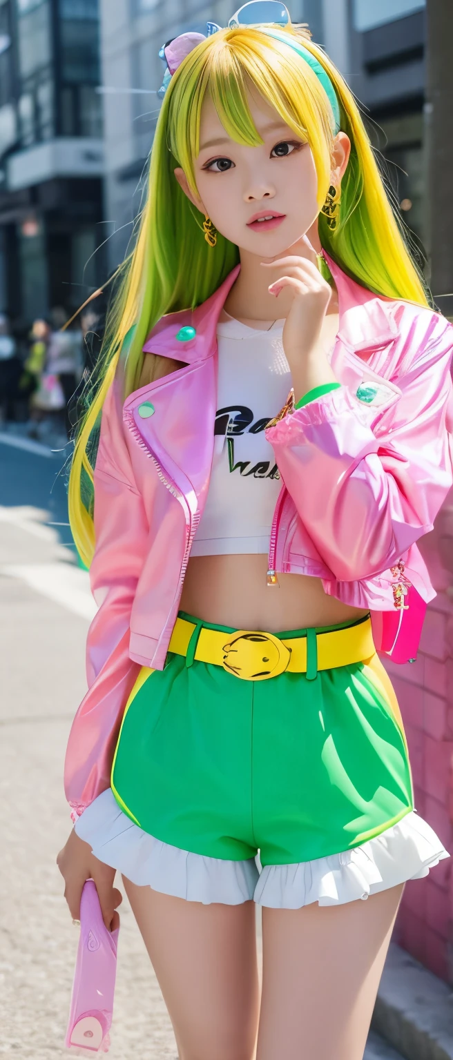 Pure idol girl（ shiny hair）、、Thick legs、marble pattern candy tight shorts（ Fluorescent Pink and Green and Yellow）、Wonder Belt、、Fancy Jackets 、 frill shirt 、Good style、A pure girl&#39;s face