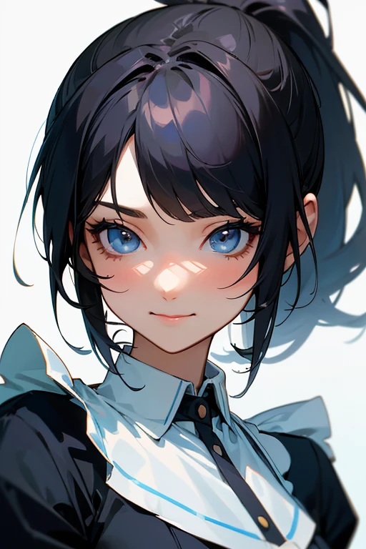 (Highest Resolution, clear_image) Highest quality, single, One woman, alone, masterpiece, Very detailed, Semi-realistic, Black Hairのショートヘア, Black Hair, bangs, 18-year-old, mature, Light blue , Indoor Background, kind, Authoritative, Powerful, exquisite features, exquisite features、Eyelashes become longer、Showing teeth、smile😀、Maid clothes、woman&#39;Fingers in the、Long Hair、Fluttering in the wind、((Carrying beautiful flowers)).