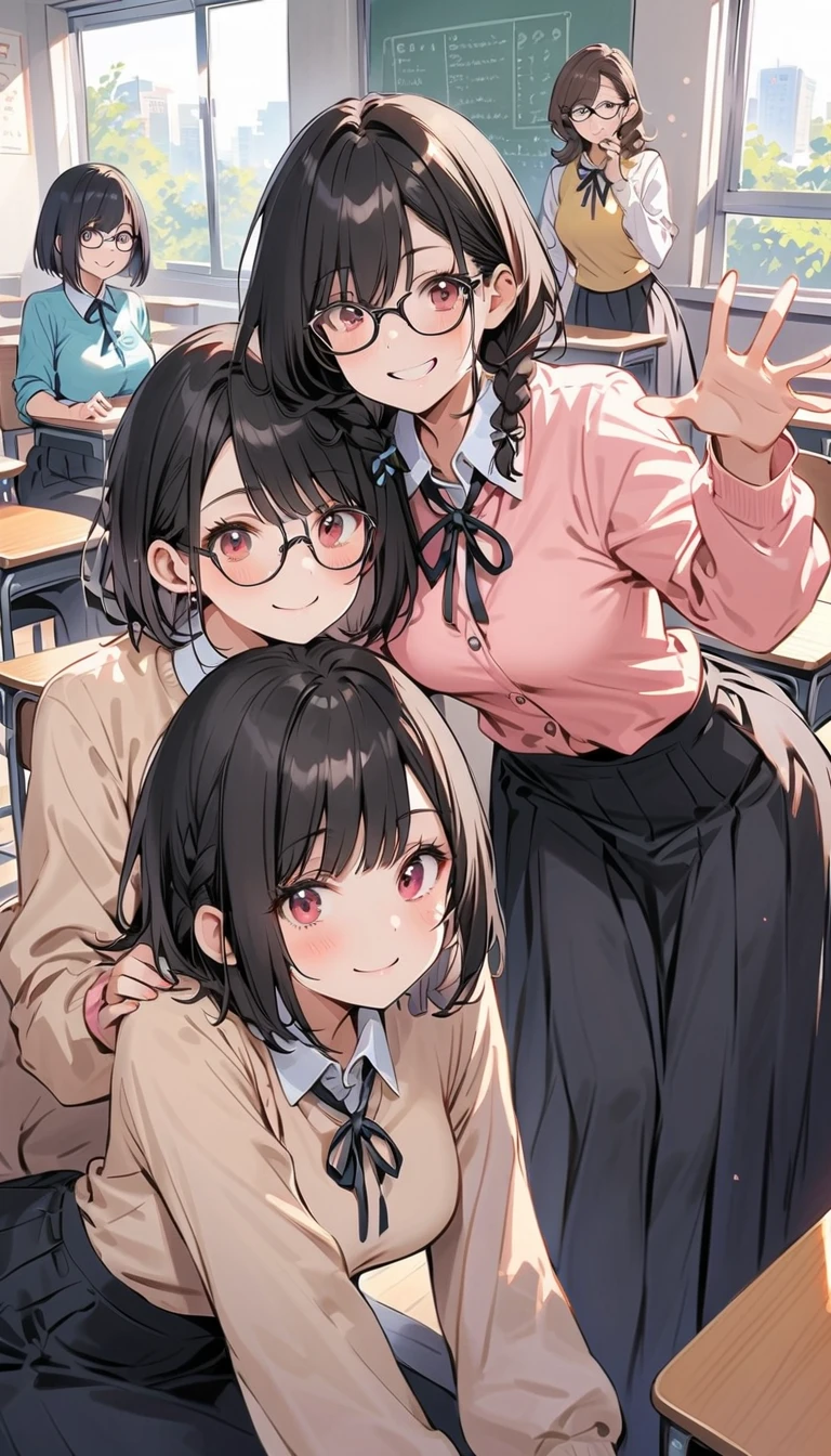 Super detailed, best quality, High resolution, Moe anime, ((((Three cute  girls with black hair and big round glasses hug each other.)))), (baby fig eyes:1.5, drooping eyes:1.2)), dark blue eyes, cute eyes, detailed eye description, brilliance of eyes, view audience, pale skin, ((())), NSFW, focus on the face, ((bust shot)), ((naked)), In the classroom,  ((small breasts))