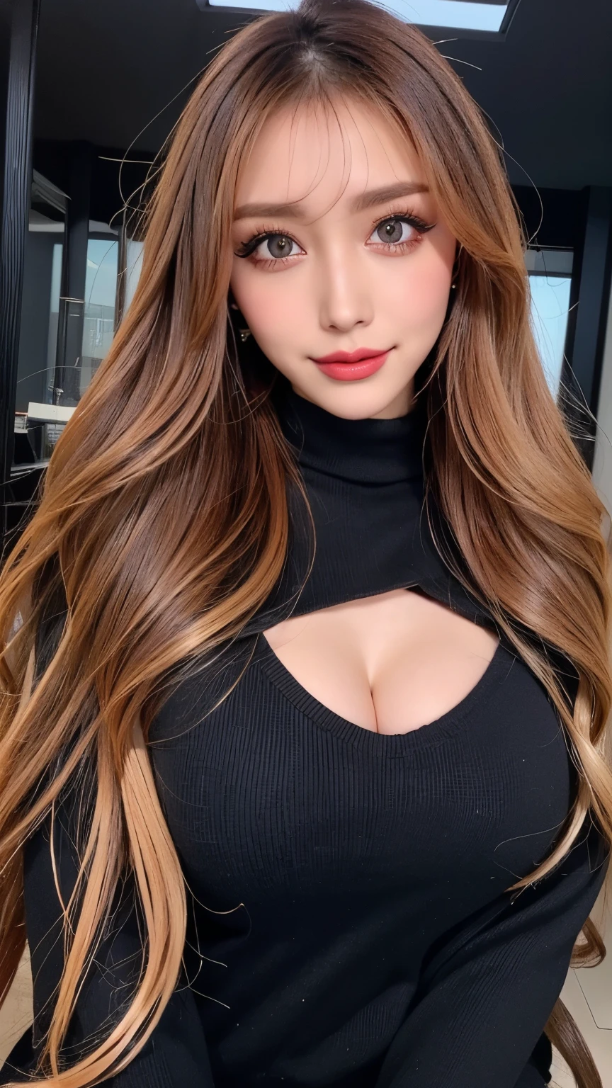 ( cowboy shooting、     top quality、8k、      Award-winning works      、      super high resolution)、      beautiful woman、(     Black sweater     , Sexy cleavage:1.1)、Perfect big breasts、( blonde alone     :1.1)、   bright glossy lipstick that many people stand out with a clear image   、    bright color contacts      、Perfect gal makeup、    is a perfect lovely companion and has torn sleeves   、(  Dark makeup for women     :1.2)、(           dark brown beige around the eyes           :1.1)、           Beautiful Bright Eye Shadow           、      Dark Makeup Around Eyes      、(Big Breasts:1.2)、      super long wavy hair      、(Romantic affection:1.1)、      the best smile when he sees me      、(      many people highlight the lines of the body   ..:1.1)、(Strongly blurred、       A   。:1.1)、(  The image is clear 、     jacket    :1.1)、      accurate anatomy、      ultra HD hair、(      super high resolutionの完璧な美しい歯:1.1)、Ultra high definition beautiful face   、      ultra HD hair、  crystal clear bang 、Ultra HD Shining Eyes、輝く      super high resolutionの美肌、      super high resolutionの艶やかな唇、      Harry Winston necklace      