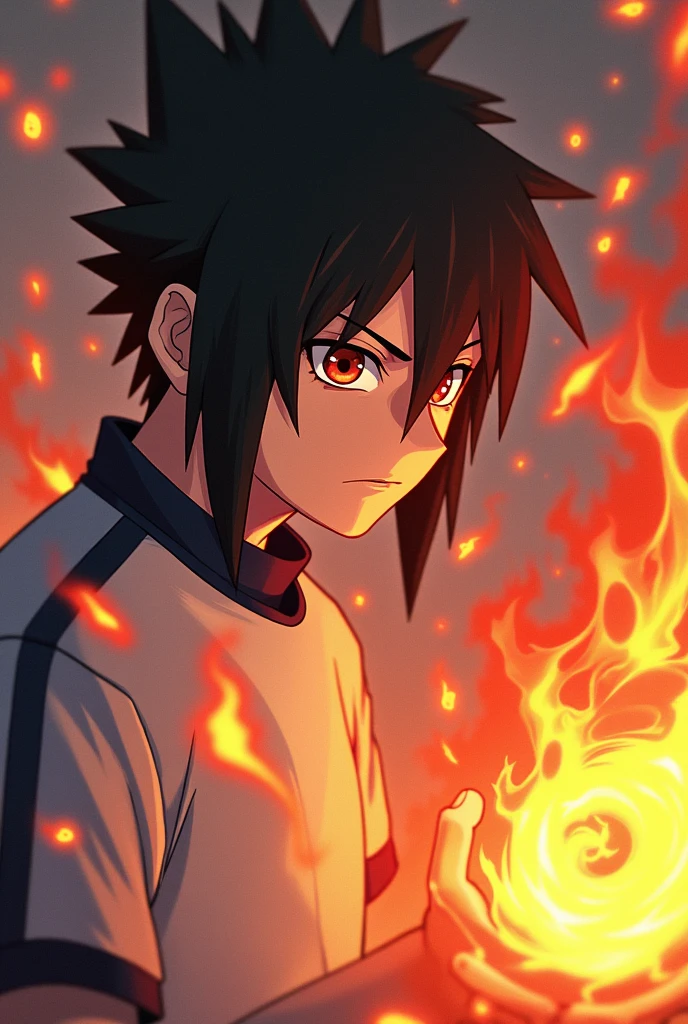 Anime style :shows an image of Obito Uchiha as a Real Madrid player, he is manifesting 4 flaming dragons from his sháringan eye to score a goal