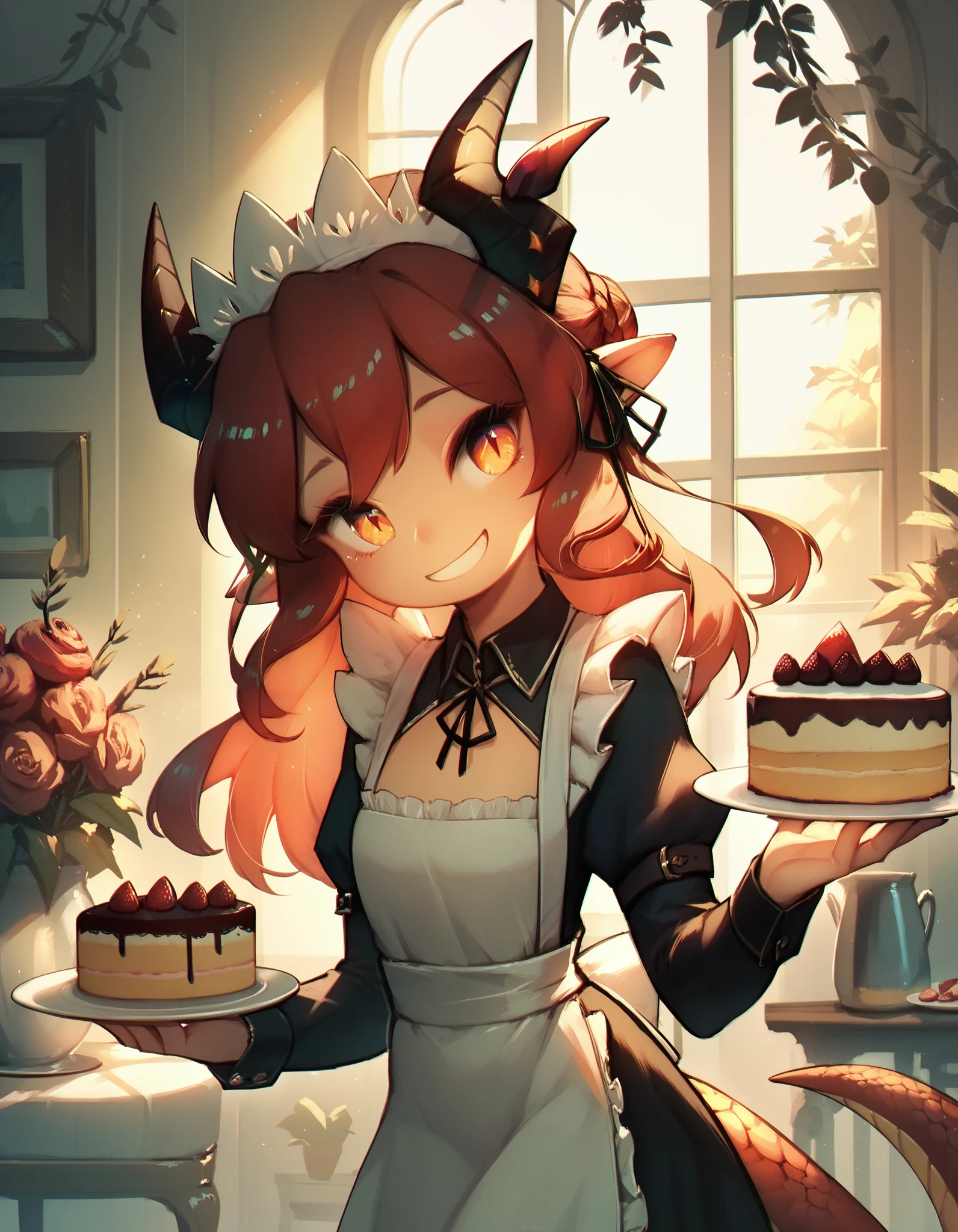 score_9, score_8_up, score_7_up,score_6_up, a maid girl dragon holding a cake, smile, head tilt, horns, smile