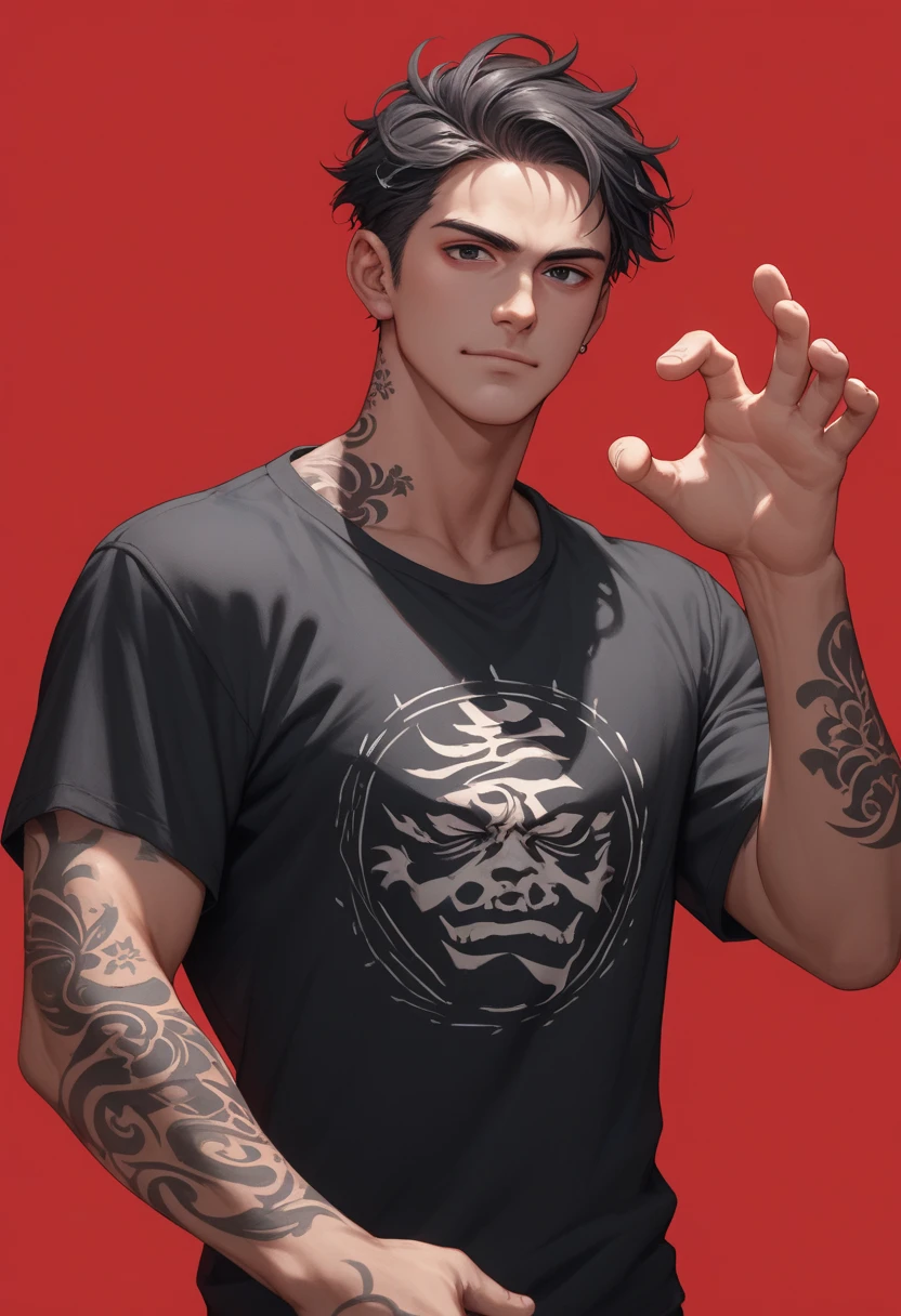 a handsome man is posing standing, dashing pose, wearing traditional japanese tattoos on his hands, wearing a traditional Japanese tattoo on the neck, wear a black t-shirt, look at viewers, red background, detail face, detail eyes, black eyes