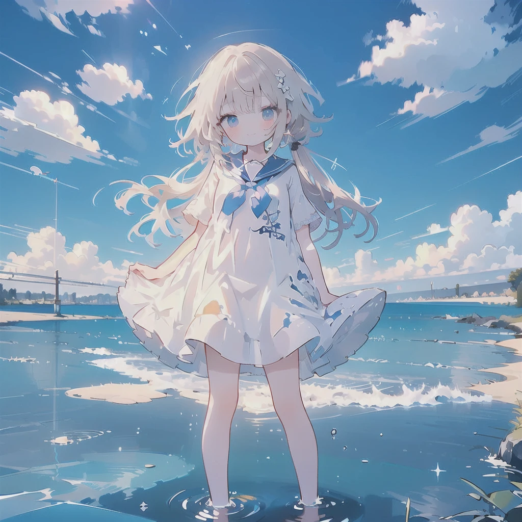 ((( super detailed,  Highly Detailed CG, masterpiece,  High Quality , 4K,  high definition , sharp concentration,Calm sea, Anime Style Illustrations ))),(Alone:1.3), cute, smiles,(An elementary school-aged girl is standing in shallow water:1.4), Light Blue Sailor Suit,( slightly bulging breasts:1.2),Tempting, Clear Skin,barefoot, long hair,Neat hair,Brown Hair,wind, White Clouds ,blue sky, watching viewers ,Wet clothes, shy 